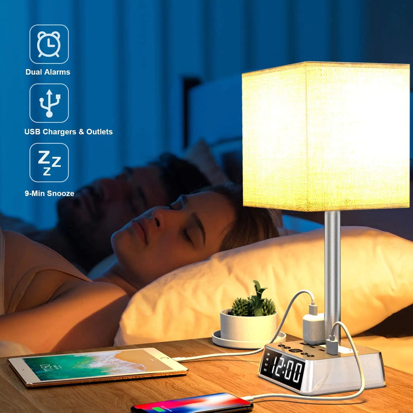 Table Lamp, 4 USB Ports &amp; AC Power Outlets, Alarm Clock