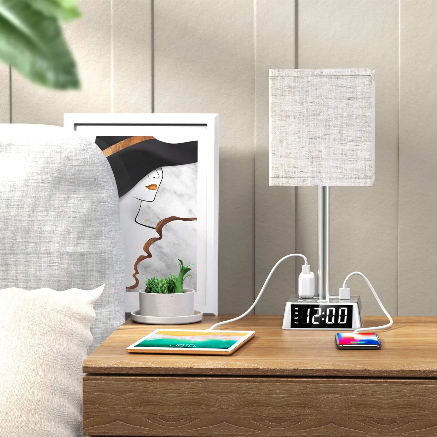 Table Lamp, 4 USB Ports &amp; AC Power Outlets, Alarm Clock