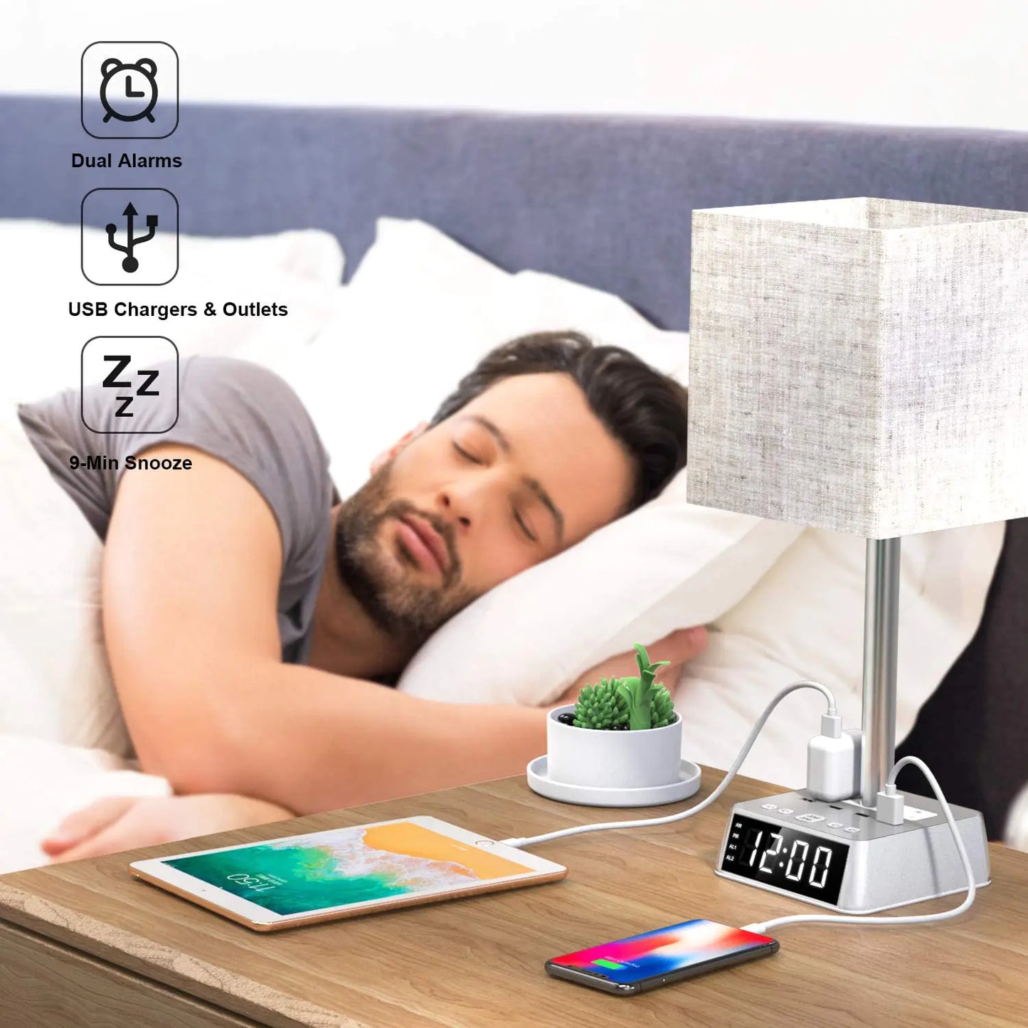 Table Lamp, 4 USB Ports &amp; AC Power Outlets, Alarm Clock