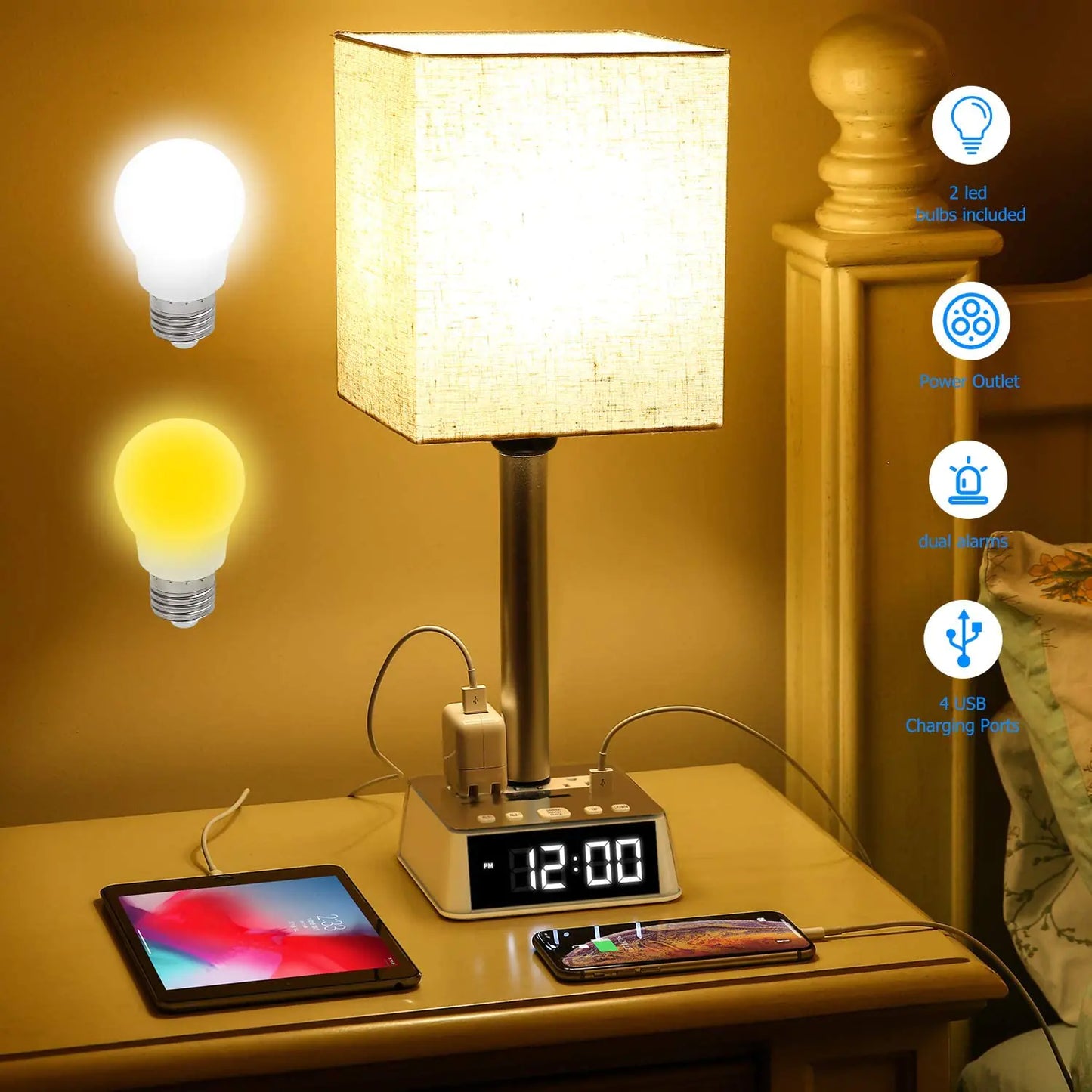 Table Lamp, 4 USB Ports &amp; AC Power Outlets, Alarm Clock