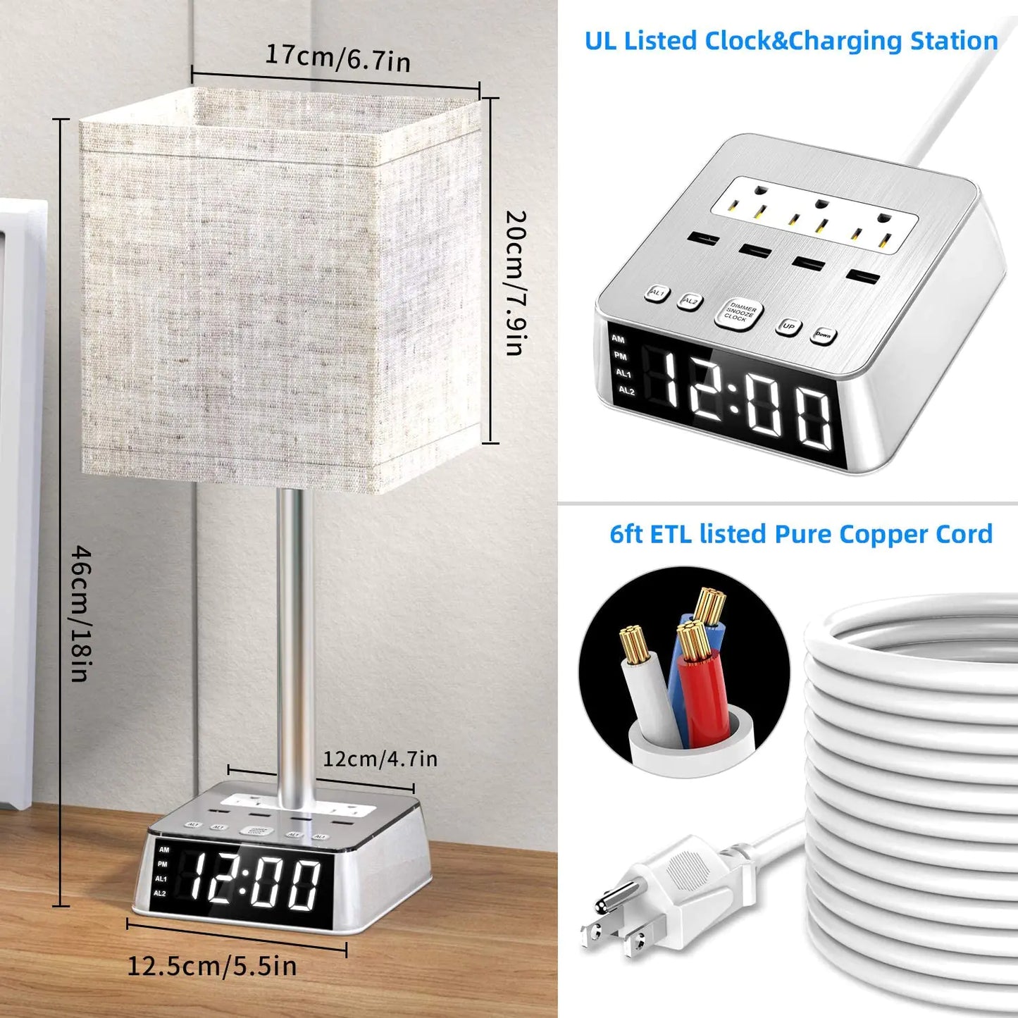 Table Lamp, 4 USB Ports &amp; AC Power Outlets, Alarm Clock