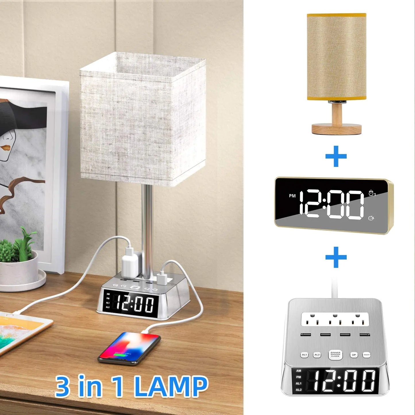 Table Lamp, 4 USB Ports &amp; AC Power Outlets, Alarm Clock